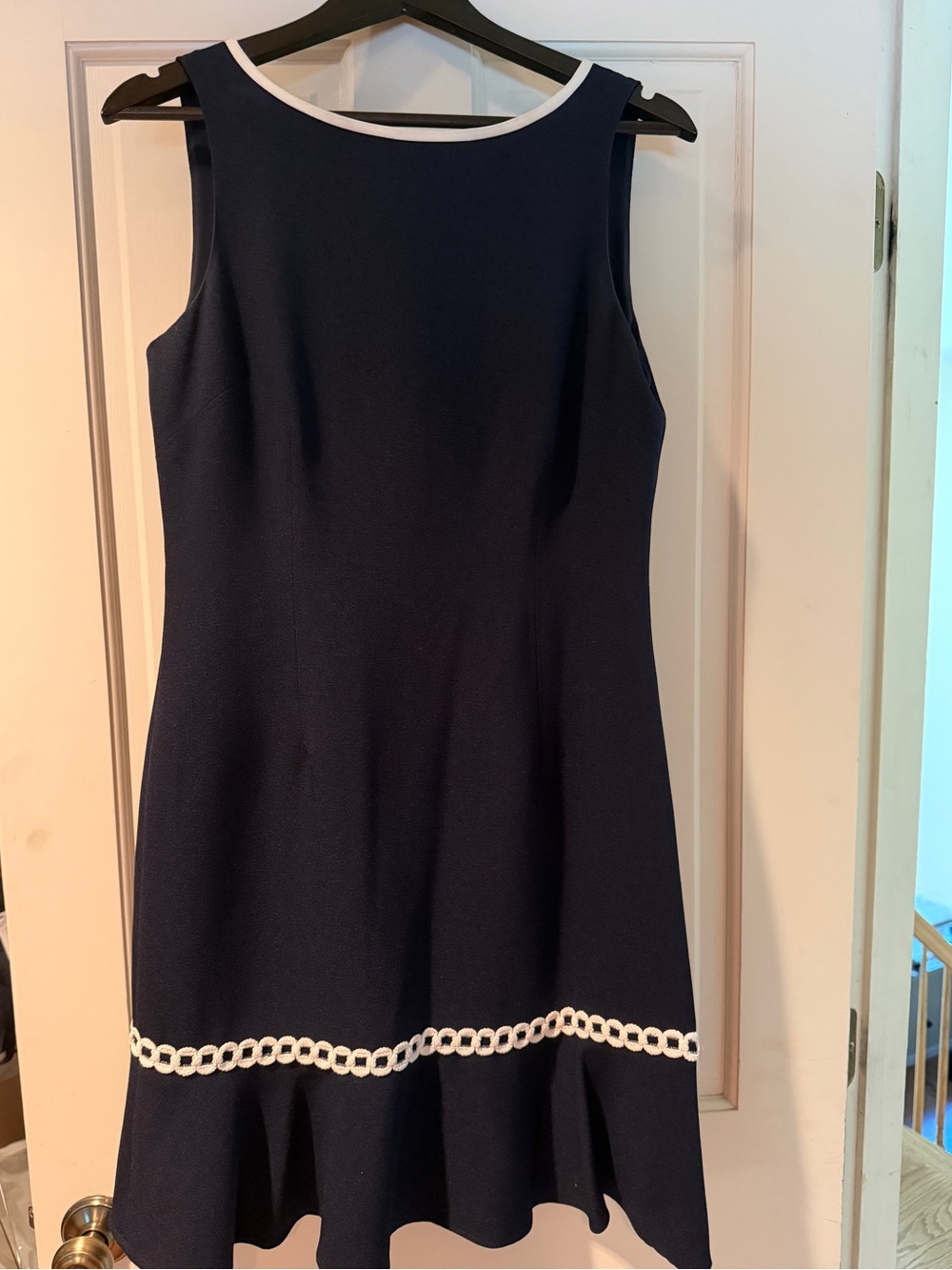 Karl Lagerfeld Paris Navy Sleeveless Fit-and-Flare Dress with White Trim